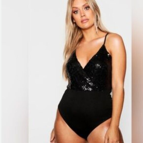 BooHoo Black Sequin Bodysuit Faux Wrap Mesh Base Top Size 18 US 22 UK New - Picture 1 of 16